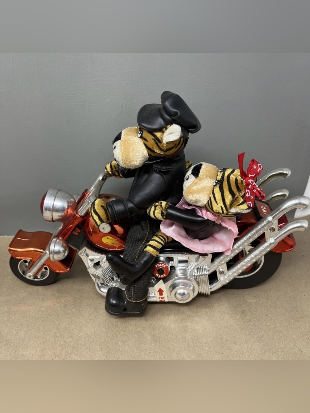 DAN DEE Musical Animated Tiger Couple On Motorcycle Vintage WORKS Great